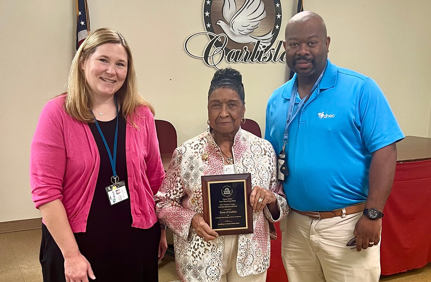 DHEC SRF Manager, BOW Public Participation Coordinator and Carlisle Town Mayor with PISCES award