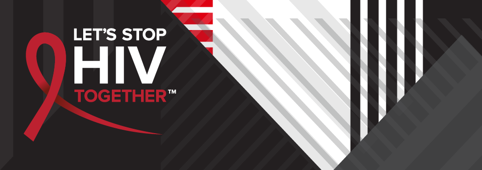 Black web banner with white, gray, and red stripes. Let's End HIV Together in white with red ribbon