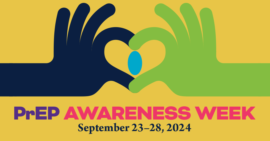 Navy and green hands forming a heart with a pill in the middle. PrEP Awareness Week September 23-28, 2024 text underneath